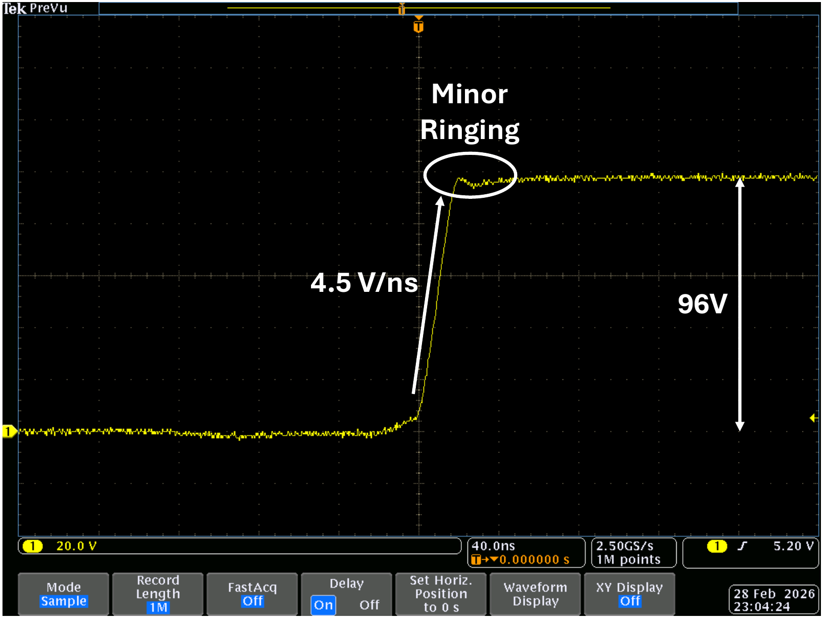 Switching waveform of drain-to-source voltage at 10 A motor current